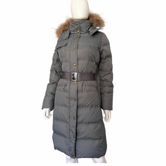 NWT WOMEN WINTER PUFFER DOWN‎ PARKA GRAY COAT REAL FUR TRIMMED HOOD JACKET BELT - Picture 15 of 16
